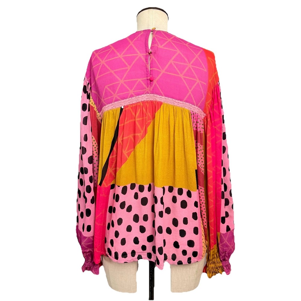 Blank London Anthro Pink Multi Polka Dot Boho ‎ Blouse S Long Sleeve Flowy Art - Picture 5 of 11